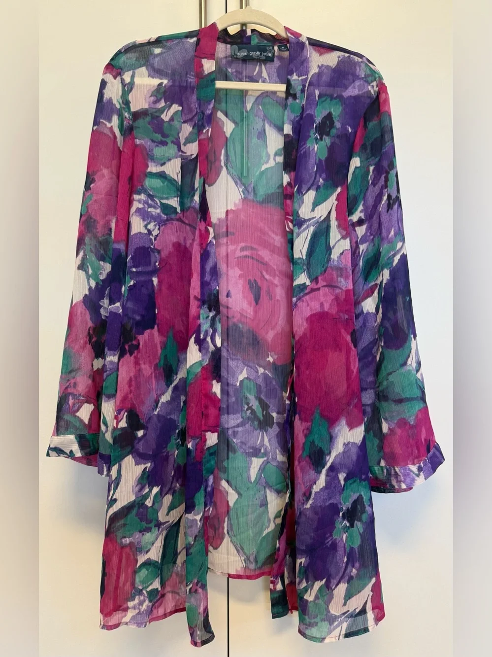 Susan Graver Sheer Floral Kimono Duster 2X Purple/Pink/Teal. Wrinkle Resistant - Picture 1 of 6